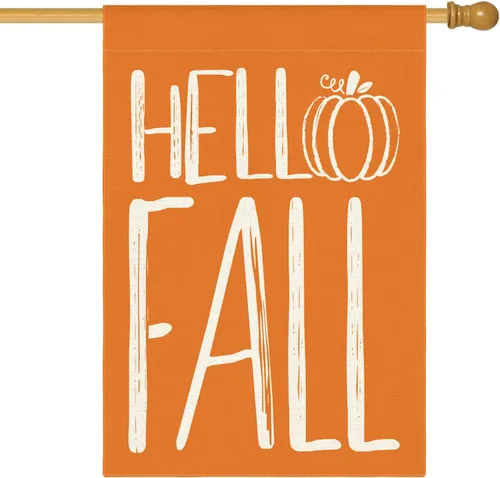 AVOIN colorlife Bandera de casa de calabaza con texto en inglés «Hello Fall» de 28 x 40 pulgadas, doble cara exterior, bandera decorativa para
