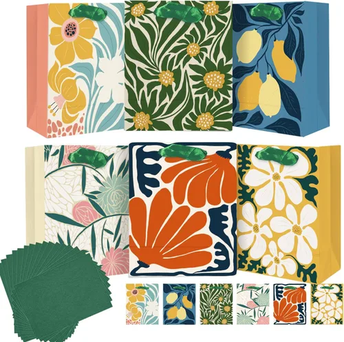 Miniatura 8 de qiqee 7.9 x 4.3 x 9.6 pulgadas, 6 bolsas de regalo de papel con flores llamativas con asas de papel tisú, bolsas de tamaño mediano
