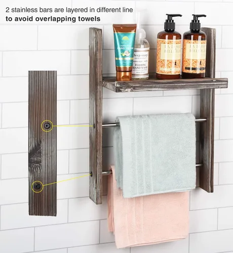 Miniatura 4 de J JACKCUBE DESIGN Toallero de pared de madera rústica con estante, escalera de manta para baño, soporte de toallas de mano de cocina, colgador