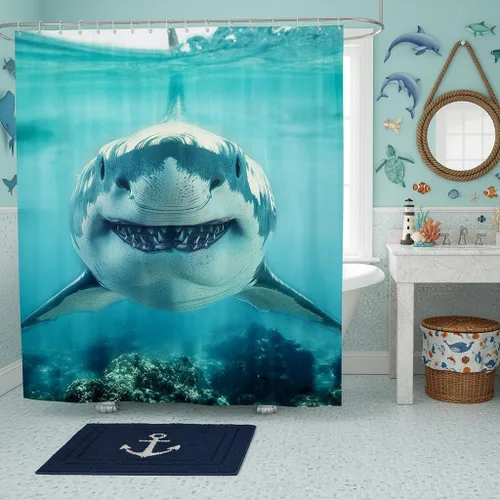 Miniatura 22 de Castle Fairy Cortinas de ducha impermeables 3D de sirena de ensueño, tela de paisaje, cortina de ducha de baño, diseño de mar, miau, pájaros