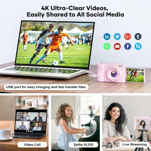 Miniatura 5 de Cámara digital 4K para fotografía con enfoque automático, cámara compacta de 50 megapíxeles con pantalla giratoria de 180°, zoom digital 16X, cámara