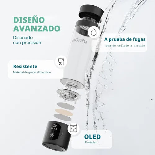 Miniatura 8 de PIURIFY Generador de botella de agua de hidrógeno - Hasta 4100+ PPB - Tecnología SPE/PEM - Generador H2 certificado - Sistema portátil de Negro