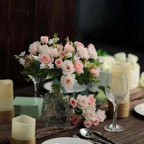 Miniatura 6 de Tableclothsfactory 4 arbustos Ramo de novia de seda artificial de 12 pulgadas, color oro rosa, flores sintéticas