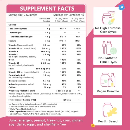 Miniatura 8 de Probióticos para niños, gomitas probióticas multivitamínicas para niños con 5 mil millones de UFC para salud digestiva y apoyo inmunológico