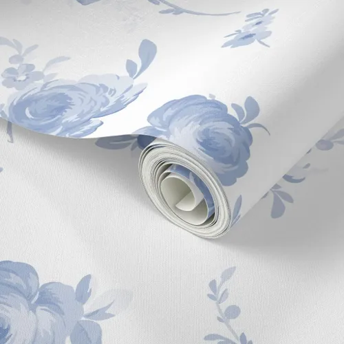 Miniatura 2 de Papel tapiz para despegar y pegar, romántico, floral, azul, blanco, shabby chic, flores descoloridas de primavera, papel tapiz extraíble