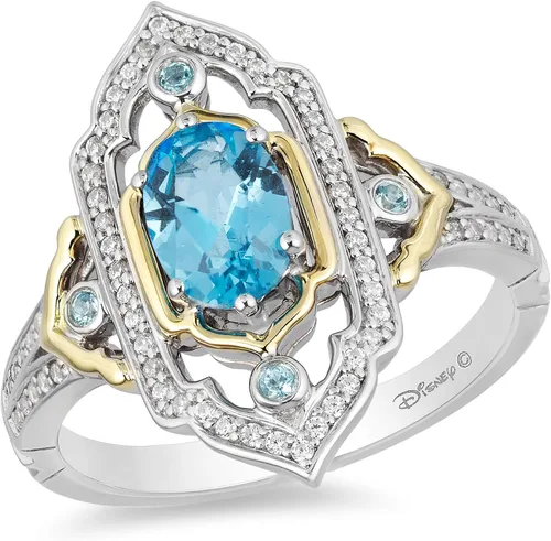 Jewelili Enchanted Disney Fine Jewelry Anillo de plata de ley y oro amarillo de 10 quilates con diamante CTTW de 15 y topacio azul suizo y jazmín