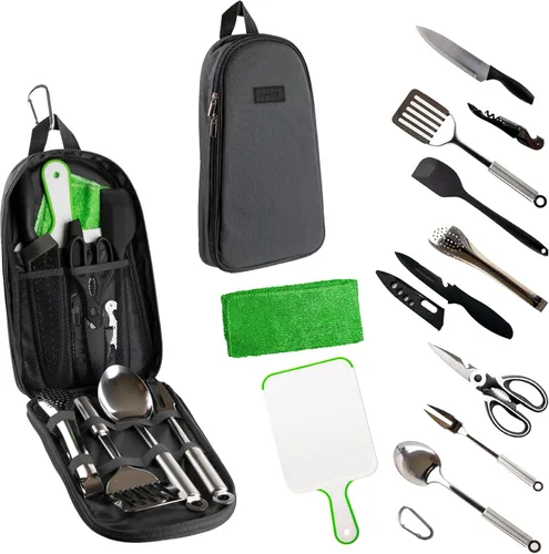 Life2Go - Juego de utensilios de cocina de campamento de 12 piezas y equipo de cocina al aire libre, estuche de transporte compacto portátil para