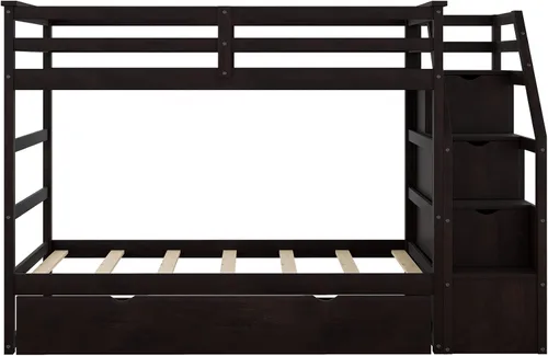 Miniatura 4 de Litera individual sobre individual con nido de tamaño individual y 3 escaleras de almacenamiento, base de cama de madera con barandilla de seguridad