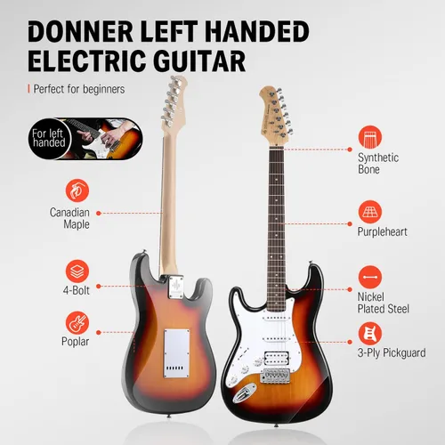 Miniatura 3 de Donner Kit de guitarra eléctrica de 39 pulgadas, cuerpo sólido, Sunburst, para zurdos, principiantes, tamaño completo, con amplificador, lección