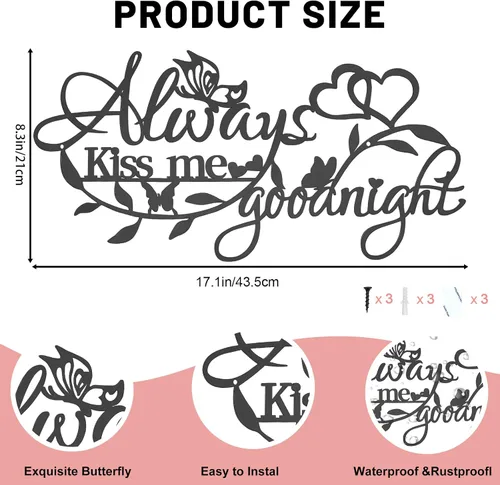 Miniatura 4 de KHayRovies Letrero de metal para decoración del hogar, texto en inglés "Always Kiss Me Goodnight", diseño de mariposas y corazón, esculturas
