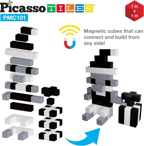 Miniatura 8 de PicassoTiles Cubo magnético de rompecabezas de 60 piezas + 101 piezas, juego de bloques de construcción con imán en blanco y negro, ideabook gratis