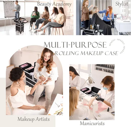 Miniatura 3 de estuche profesional 3 en 1 para maquillaje rodante, estuche de tren de aluminio con ruedas de rotación 360° para artista de maquillaje, maleta