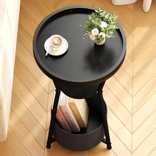 Miniatura 9 de Yusong Mesa auxiliar redonda, mesa pequeña para bebidas para espacios pequeños, mesa auxiliar industrial de 3 niveles, mesita de noche decorativa