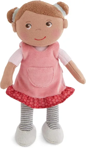 Miniatura 13 de HABA Snug Up Doll Rumbi - Muñeca suave de 10 pulgadas con cabello negro y overol rosa - Lavable a máquina para 18 meses en adelante