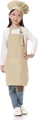 TopTie Juego de delantal y sombrero de chef para niños, delantal de cocina ajustable de algodón para niños, S-XXL