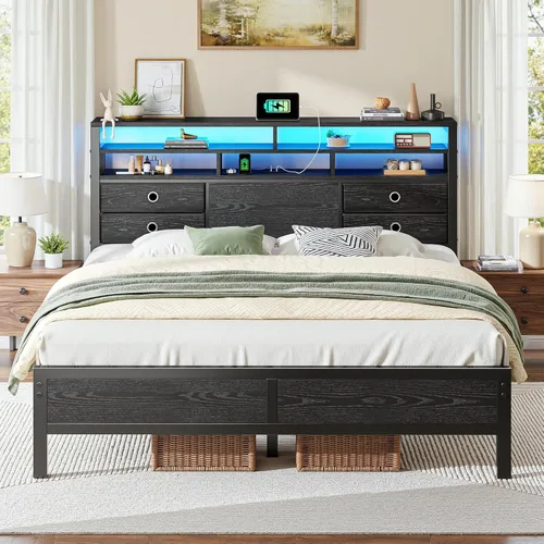 Miniatura 11 de Homkdom Base de cama de tamaño matrimonial con cabecera de almacenamiento de 3 niveles y 4 cajones, marco de cama matrimonial con luces LED