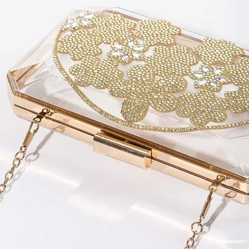 Miniatura 4 de ZLXDP - Bolso de mano de noche para mujer, diseño de flores doradas, carteras de boda, acrílico para fiesta, cena, con bolsas de hombro transparentes