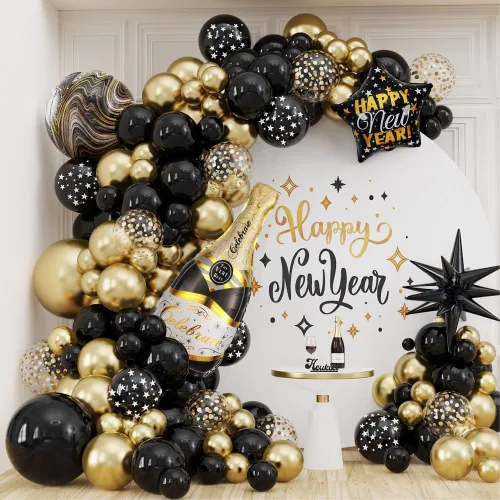 Decoraciones de fiesta de feliz año nuevo 2026 - Kit de arco de guirnalda de globos de 130 piezas, color negro y dorado, globo de botella grande de