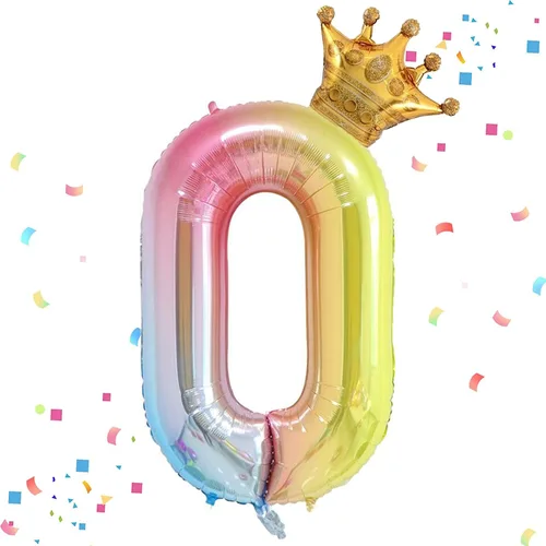 HIBILDER Globo de 40 pulgadas con degradado arcoíris número 0 y corona pequeña, multicolor, paquete de 4, unisex, para niños, cumpleaños, baby