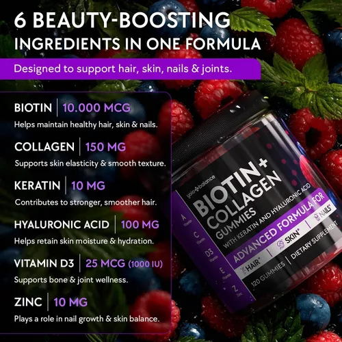Miniatura 3 de Gomitas de biotina de 10 000 mcg para el crecimiento del cabello - Multi-colágeno sin azúcar con queratina, sílice y ácido hialurónico - A base