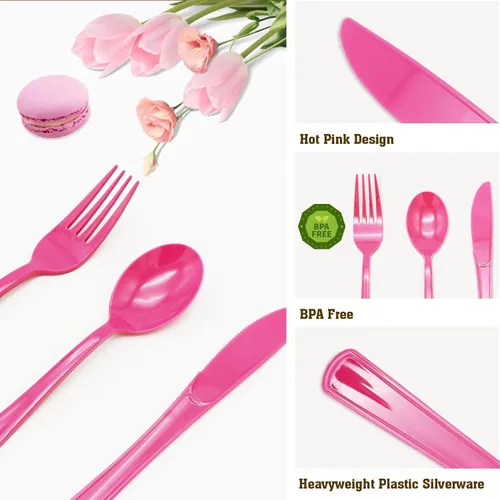 Miniatura 6 de 150 piezas de cubiertos de plástico rosa intenso y utensilios de plástico rosa intenso resistentes - 50 tenedores, 50 cuchillos, 50 cucharas