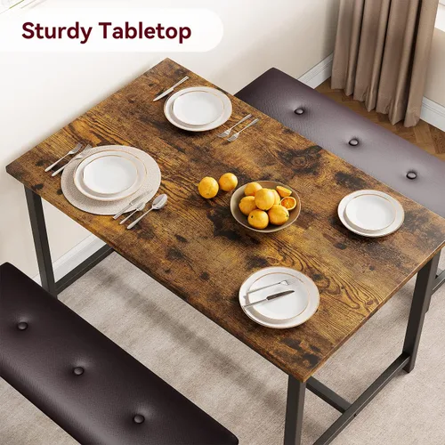 Miniatura 4 de IDEALHOUSE Juego de mesa de comedor de 3 piezas, mesa de cocina y bancos para 4, juego de mesa de comedor rectangular con 2 bancos tapizados, juego