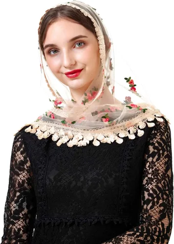Miniatura 6 de PAMOR Triángulo pequeña flor capilla velos bordados bufanda mantón latino masa cabeza cubierta Mantilla velo para iglesia