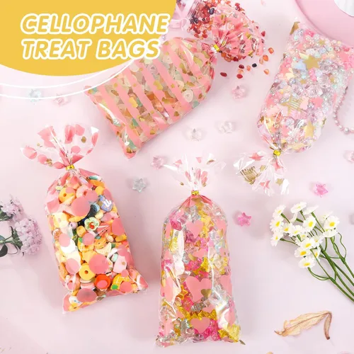 Miniatura 5 de COQOFA 100 bolsas de celofán de celofán de 5 x 11 pulgadas, bolsas de regalo de fiesta, bolsas de galletas de caramelo rosa, bolsas de plástico Oro
