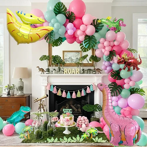 Miniatura 3 de Kit de arco de guirnalda de globos de dinosaurio rosa con globo de dinosaurio rosa pastel, morado, verde azulado y globo de dinosaurio de aluminio