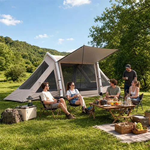 Miniatura 10 de Tienda de campaña inflable para campamento, instalación rápida con bomba, tienda de campaña Oxford impermeable de 4 estaciones con tragaluz, tienda