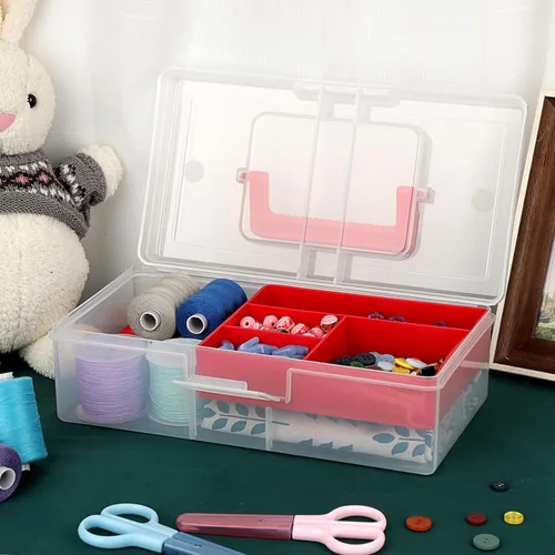 Miniatura 6 de BTSKY Caja de almacenamiento de plástico transparente con bandeja extraíble, caja de almacenamiento de papelería multiusos con asa, práctica caja