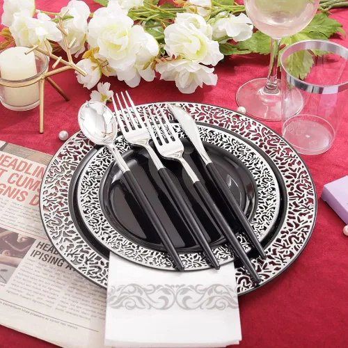 Miniatura 3 de LIYH 350 platos de plástico negro y plateado, juego de vajilla de plástico plateado, cubiertos desechables, platos negros con servilletas, 350