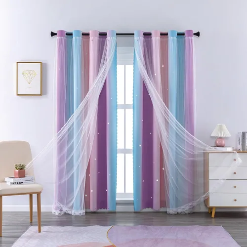 Miniatura 9 de XiDi Cortinas opacas con estrellas para habitaciones de niños, cortinas verdes para ventana de dormitorio de niños, azul y gris, 52 pulgadas de Azul