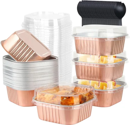 Miniatura 11 de LNYZQUS - Juego de 40 moldes de aluminio para brownies de 10 oz, ramequines desechables cuadrados de 10 cm x 10 cm con tapas, moldes pequeños
