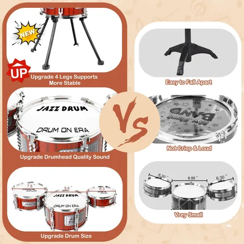Miniatura 2 de Juego de Batería para Niños, Juguetes Musicales, Juego de Tambores para Niños Pequeñas de 3 a 5 Años, Kit de Tambores Jazz con Taburete, 3 Tambores