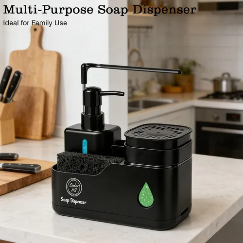 Miniatura 6 de Juego de dispensador de jabón para manos y platos de cocina (negro) – Botellas de doble bomba con soporte para esponja, soporte para cepillo, barra