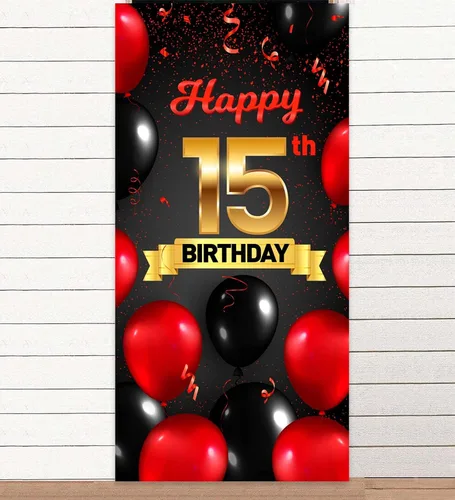 Miniatura 2 de Cartel de feliz cumpleaños 15 cumpleaños rojo y negro telón de fondo para cabina de fotos, globos de vítores a 15 años de edad, decoración temática