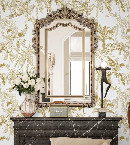 Miniatura 4 de Heroad Papel tapiz de leopardo bohemio para despegar y pegar, papel de contacto blanco y dorado, papel de pared de animales de la selva, papel tapiz