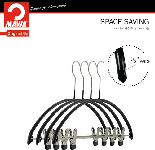 Miniatura 6 de Mawa by Reston Lloyd Percha de ropa de metal antideslizante europeo, soporte de hombro suave y clips ajustables para pantalones, 1 pieza, negro
