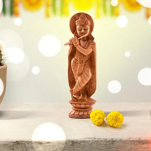 Miniatura 2 de Estatua india de madera, ídolo, murti, para decoración de escritorio del templo del hogar, Pooja, regalo (Krishna, 6 pulgadas)