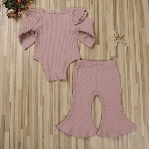Miniatura 3 de Ropa para bebé y niña, acanalado, con volantes, manga larga, mameluco, pantalones acampanados, color sólido, otoño, invierno, trajes de 2 piezas