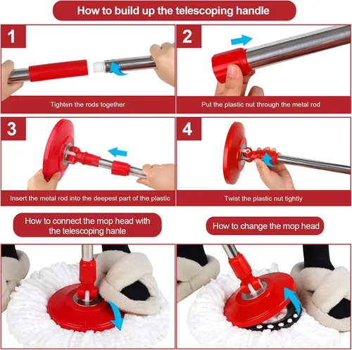 Miniatura 3 de Juego de cubos de fregona para limpieza de suelos con escurridor giratorio de 360°, agua sucia separada con 3 cabezales de fregona de microfibra