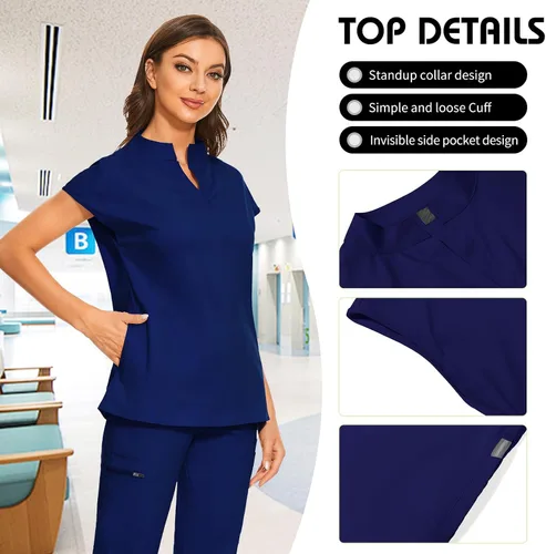 Miniatura 2 de VIAOLI Conjunto de uniforme médico para mujer con cuello en V y pantalón deportivo y 8 bolsillos para enfermería y trabajo clínico