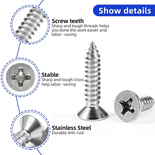 Miniatura 3 de Tornillos para chapa metálica #4 x 1-1/4" de cabeza plana con ranura Phillips, tornillos para madera, acero inoxidable 304 18-8, paquete de 100