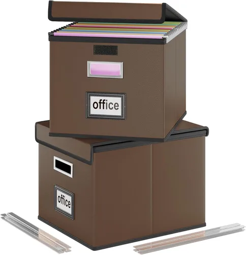 Miniatura 48 de Caja Organizadora de Archivos con Tapa, Caja Organizadora Plegable de Cuero Sintético para Carpetas Colgantes con Rieles de Plástico, Cajas (cuero)