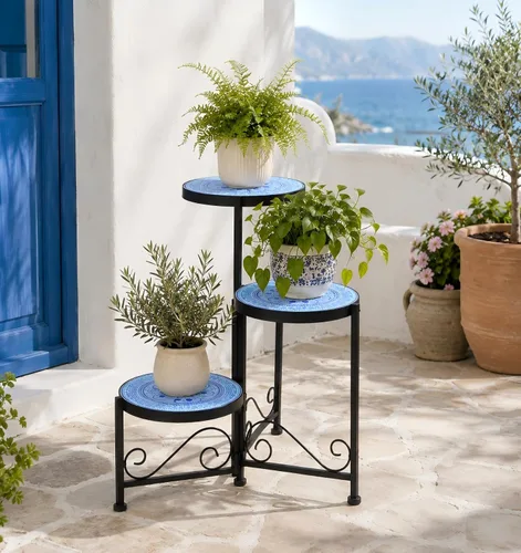 Miniatura 5 de Soporte de cerámica de mosaico de 3 niveles para plantas, soporte plegable de hierro forjado, no requiere montaje, estante para plantas de ahorro