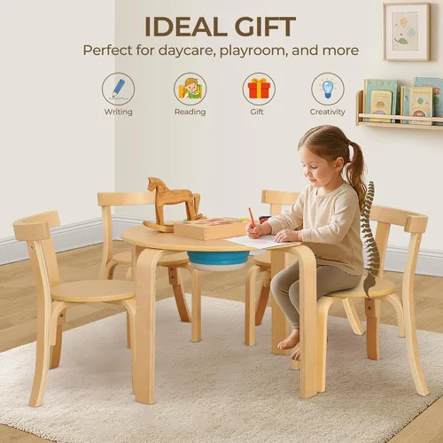 Miniatura 6 de Bateso Juego de mesa redonda y 4 sillas para niños con bañera de almacenamiento, silla de mesa de madera para niños pequeños para arte