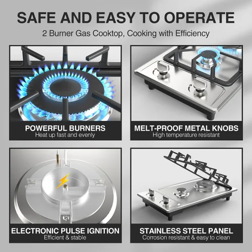 Miniatura 4 de ANHANE - Estufa de cocina a gas, 2 quemadores, portátil de acero inoxidable de 12 pulgadas, combustible dual GLP/NG, estufa de gas integrada, ideal