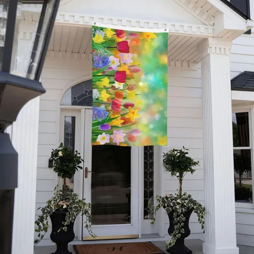 Miniatura 8 de Bandera floral colorida de verano de 3 x 5 pies, doble cara exterior, pancarta grande para exteriores, lavanda de doble costura, tulipanes colgantes