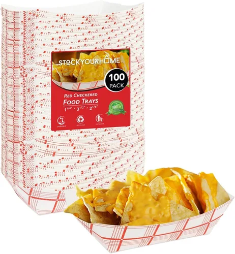 Miniatura 11 de Botes pequeños de papel para alimentos (paquete de 100) bandejas desechables de 1 libra a cuadros rojos y blancos, botes de comida ecológicos, botes
